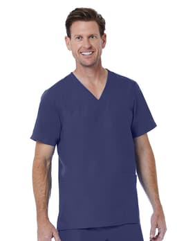 A men's V-neck top in navy blue with short sleeves and a pocket, featuring a logo on it.