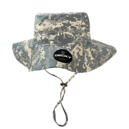 A bucket hat in a grey camouflage pattern with a chin strap and a logo on the front.