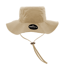 A beige structured bucket hat featuring a chin strap and a branding logo.
