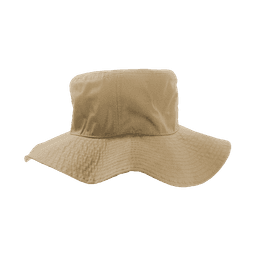 A structured khaki hat with a wide brim and a deep, cylindrical crown. It features a branding logo.