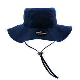 A navy blue bucket hat with a strap and a logo on the front.