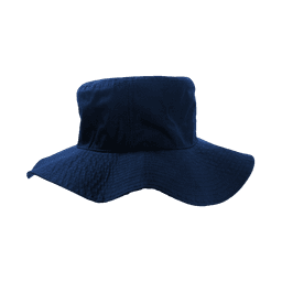 A navy blue bucket hat with a wide brim and a structured design. The hat features a logo on the side.