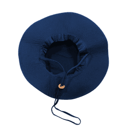 A structured navy blue hat featuring a drawstring and a round, shallow crown design. The hat has a logo.