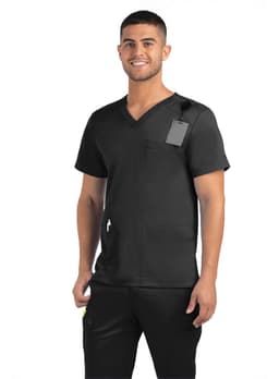 A men's black V-neck top featuring three pockets and a logo on the chest.