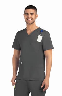 A man wearing a grey V-neck top with three pockets and a logo.