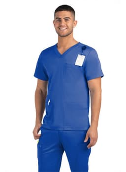 A men's blue V-neck top featuring three pockets and a logo, displayed on a model.
