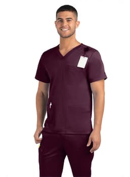 A men’s V-neck top in burgundy with three pockets and a branding logo. An attached tag is visible.