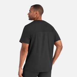 A men's black Henley top featuring short sleeves and a simple design. The back view shows a smooth finish and slight detailing.
