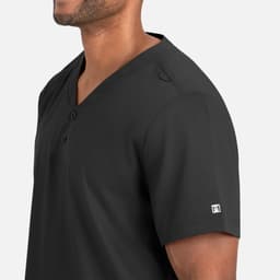 A black men's tuckable henley top featuring short sleeves and a buttoned neckline, with a logo on the sleeve.