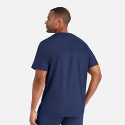A men's navy blue tuckable henley top with short sleeves and a back yoke detail. It features a logo.