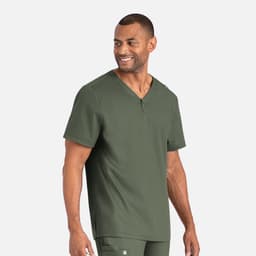 A men's tuckable henley top in olive green, featuring a button placket and a relaxed fit. It has a logo.
