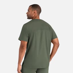 A men's tuckable Henley top in dark green, featuring short sleeves and a logo on the back.