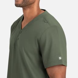 A men's henley top in olive green, featuring short sleeves and a slight collar detail, with a logo on the sleeve.