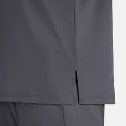 A grey men's tuckable Henley top featuring a split hem design and a logo.