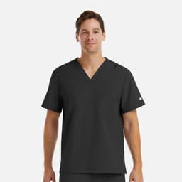 A men's black V-neck top with a pocket, featuring a logo and a tuckable design.