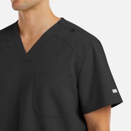 A black men's V-neck top with a pocket and logo detail on the sleeve.