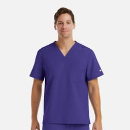 A men's tuckable v-neck top in vibrant purple, featuring a chest pocket and subtle branding.