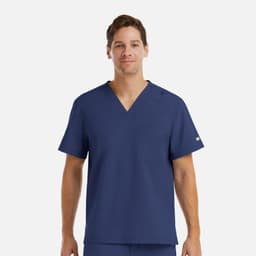 A men's navy V-neck top featuring short sleeves and a pocket, with a logo on one sleeve.
