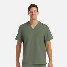 A men's tuckable v-neck top in olive green, featuring a pocket and a logo on one sleeve.