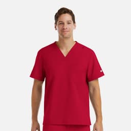 A red men's V-neck top with short sleeves and a single chest pocket, featuring a logo on the sleeve.