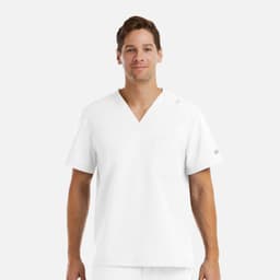 A man wearing a plain white V-neck top with short sleeves and a pocket, featuring a logo on the sleeve.