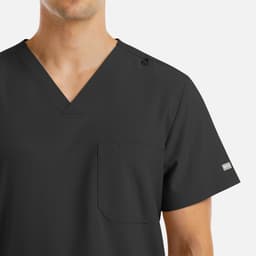A men's black V-neck top featuring four pockets and a logo on the sleeve.