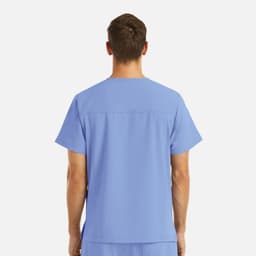 A men's V-neck top in light blue, featuring a simple design and a logo on the back.