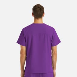 A purple men's V-neck top featuring four pockets, showcasing a back view of the garment.