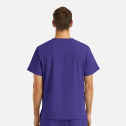 A men's V-neck top in a vibrant purple colour with a simple design and back yoke. Features four pockets.