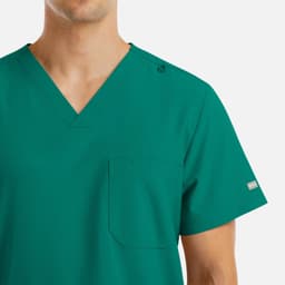 A men's V-neck top in a vibrant teal colour, featuring four pockets and a logo on the shoulder.