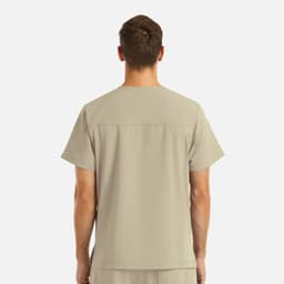 A men's V-neck top in khaki with four pockets and a branding logo on the back.