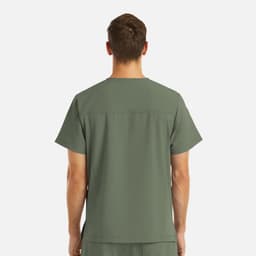 A men's V-neck top in olive green with four pockets, featuring a logo.