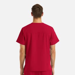 A men's red V-neck top featuring four pockets and a back view. Includes a logo.