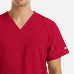 A red v-neck top for men featuring four pockets and a logo on one shoulder.