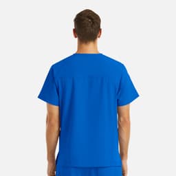 A men's blue V-neck top with four pockets, featuring a logo, viewed from the back.