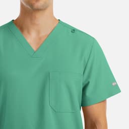 A green v-neck top with four pockets designed for men, featuring a logo on the shoulder.