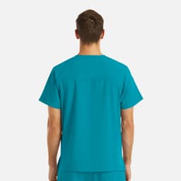 A men's V-neck top in a vibrant teal colour features four pockets and a simple design, shown from the back.