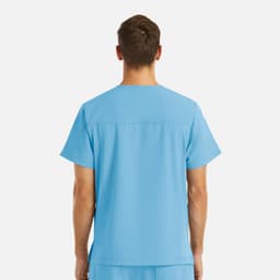 A men's V-neck top in blue with four pockets and a logo, viewed from the back.