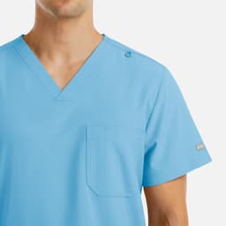 A light blue men's v-neck top with four pockets and a small logo on the shoulder.