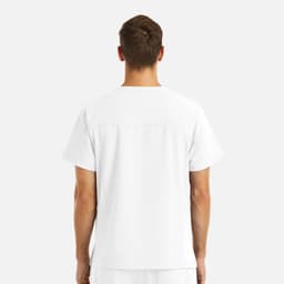 A white V-neck top featuring four pockets, designed for men's wear, with a simple back view.