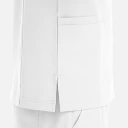 A white V-neck top featuring four pockets and side slits. The design includes minimal seams and stitching details.