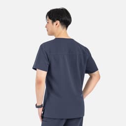 A navy blue men's V-neck top with contrast piping, featuring a simple design and a logo.