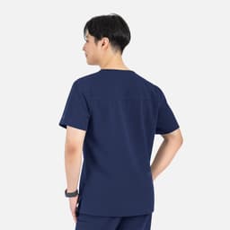 A navy blue men's V-neck top with contrast piping, featuring a logo and a relaxed fit.