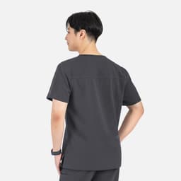 A grey men's V-neck top with contrast piping, featuring a back view and a logo.