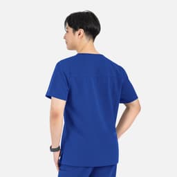 A blue V-neck top with contrasting piping, featuring short sleeves and a back view of a male model.