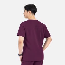 A men's V-neck top in burgundy, featuring contrast piping and a logo on the sleeve, shown from the back.