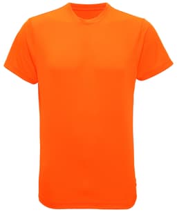 An orange performance t-shirt with short sleeves and a round neck, featuring a logo on the front.