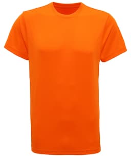 An orange performance T-shirt with a classic crew neck and short sleeves. It features a branding logo.
