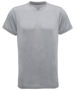 A grey performance T-shirt with short sleeves and a round neck, featuring a logo.