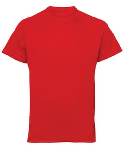A red panelled tech T-shirt with a crew neckline and short sleeves. It features a logo on the fabric.